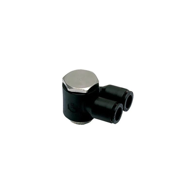 3049 56 11 by Parker | Twin Banjo | 1/4" Push-to-Connect x 1/8" Male NPT Thread | 13 mm Hex | 1.01" Length | Banjo | Nylon | Pack of 10